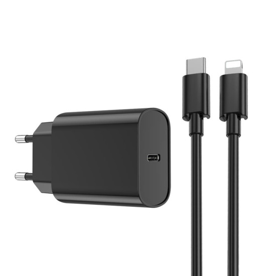 Wiwu Φορτιστής με Θύρα USB-C και Καλώδιο USB-C - Lightning 20W Power Delivery Μαύρος (WI-U001)
